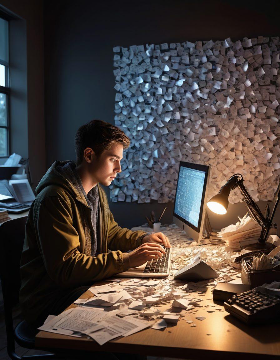 A person sitting at a cluttered desk, surrounded by crumpled papers and a glowing computer screen, symbolizing the transition from chaos to clarity. Bright beams of light emerging from the screen illuminate their focused expression, depicting the 'aha' moment of understanding. Icons of coding languages (like Python, JavaScript) float around, showing creativity bursting from technical skills. Contrast of darkness in the background and vibrant light at the center for emphasis. super-realistic. vibrant colors. digital art.