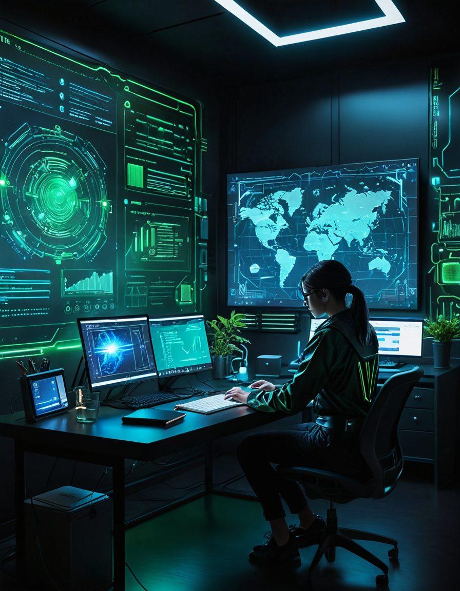 A futuristic room filled with digital screens displaying various types of data analysis and content creation tools. An open diary on a sleek desk, surrounded by vibrant holographic graphics and a person thoughtfully navigating through their digital diary using a stylus. The atmosphere is filled with a blend of blue and green tones, representing technology and creativity. super-realistic. vibrant colors. cyberpunk.