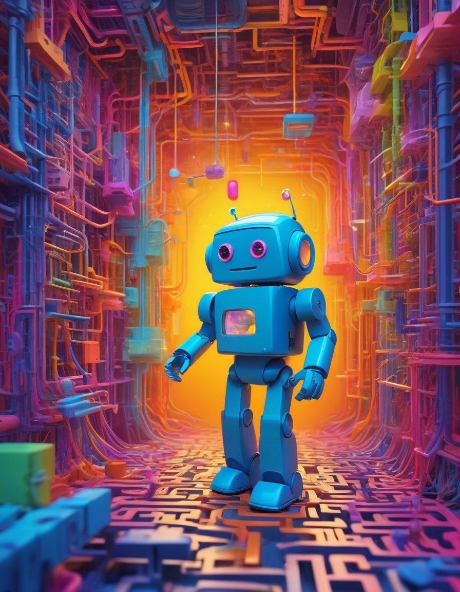 A whimsical journey through a vibrant data landscape, featuring a friendly robot guiding a group of diverse people as they navigate a maze of colorful charts and graphs, symbolizing data insights. Include elements of awkwardness like tangled wires and puzzled expressions, conveying the masterful unraveling of programming concepts. Bright, engaging colors emphasize a positive learning environment. digital art style. vibrant colors. playful elements.